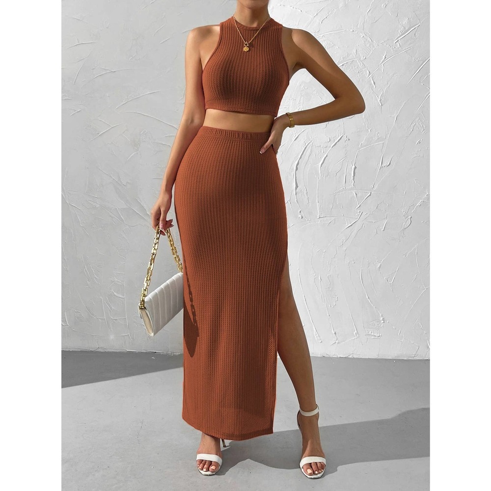 2 piece skirt set: Waffle Knit Crop Top & Split Thigh maxi Skirt gray - Picture 6 of 11